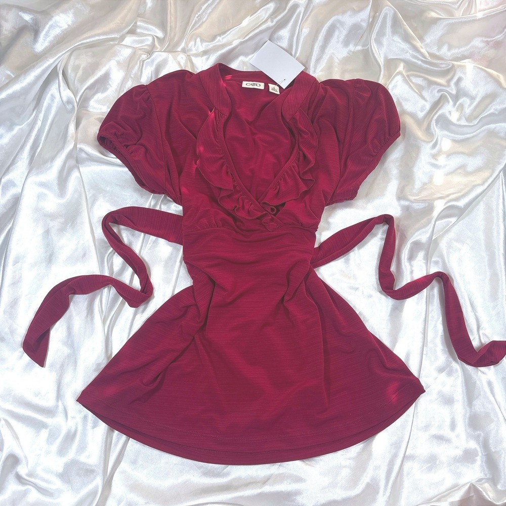y2k Cato Blouse Red NWOT Ruffle V-Neck Empire Waist Puff Sleeve Wrap Tie Top